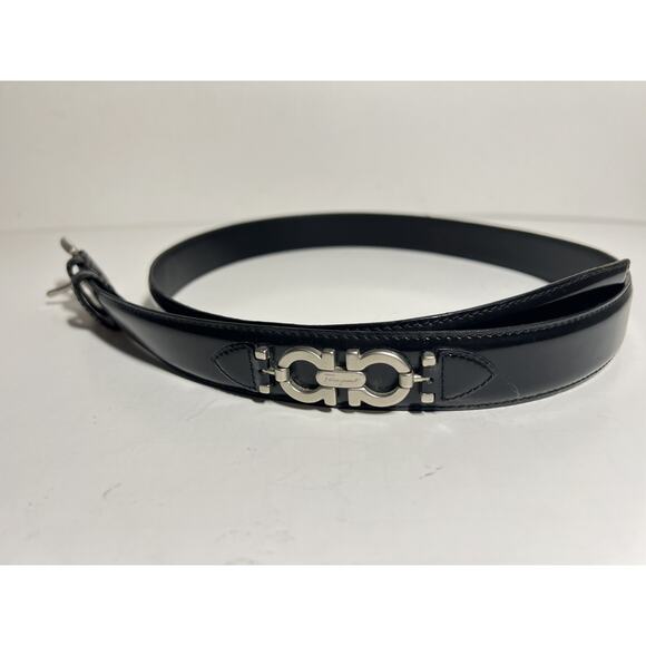 VTG Ferragamo Men EUC Black Leather Double Gancini Silver Buckle Belt 43" x 1.25 - Picture 1 of 7